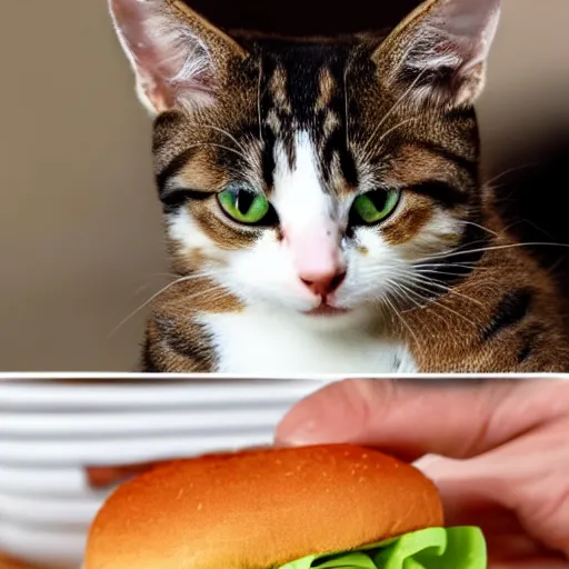 Prompt: realistic photo of a cute cat eating a burger