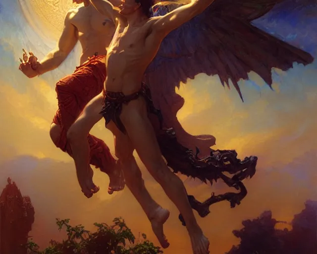 Image similar to attractive male deity, casting demonic magic, summoning handsome lucifer morning star. highly detailed painting by gaston bussiere, craig mullins, j. c. leyendecker 8 k