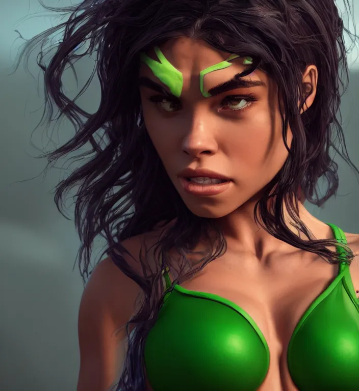 Image similar to madison beer as shehulk, au naturel, hyper detailed, digital art, trending in artstation, cinematic lighting, studio quality, smooth render, unreal engine 5 rendered, octane rendered