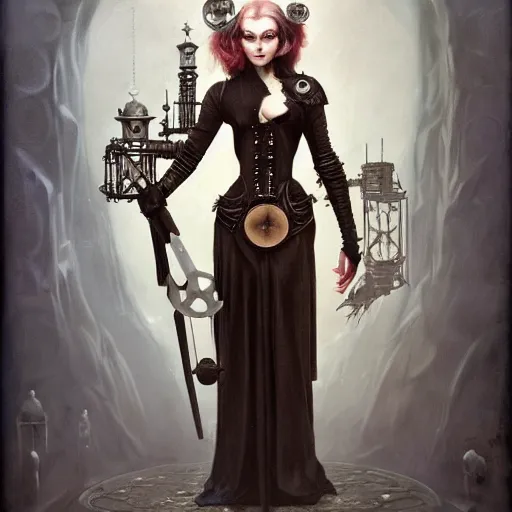 Prompt: by tom bagshaw, ultra realist soft painting of sci fi carnival of curiosities, single steampunk dollpunk warrior in a full body gothic robe, partial symmetry accurate features, very intricate details, focus, curvy, award winning, ultra dense fog