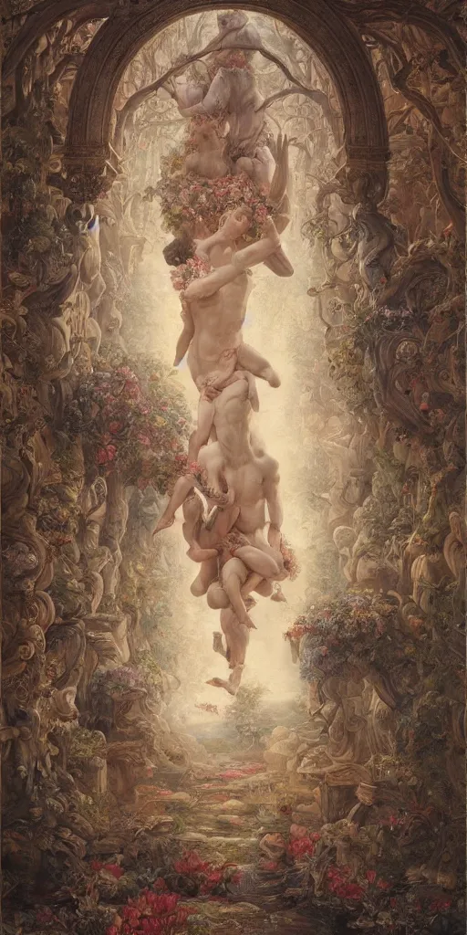 Image similar to a stunning and noble highly detailed romantic period style painting of the place where gods come into being by james jean, josep tapiro baro and harles sillem lidderdale, trending on artstation, oil painting masterpiece, symmetry, rule of thirds, mysterious