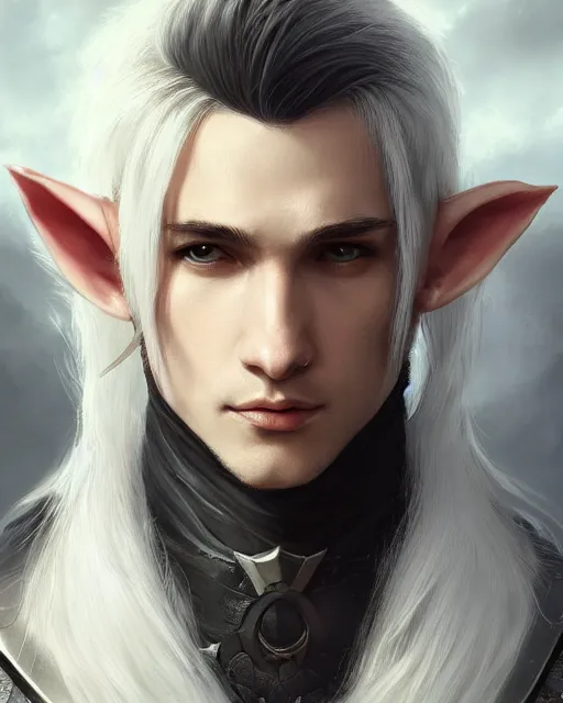 Image similar to portrait, beautiful male elf, long wavy white hair, super detailed, light black armor with silver accenting, silver jewelry, fur lined cape, 8 k, filmic, octane render, sunlight, clouds, artstation, greg rutkowski, rossdraws, william bouguereau, sharp focus