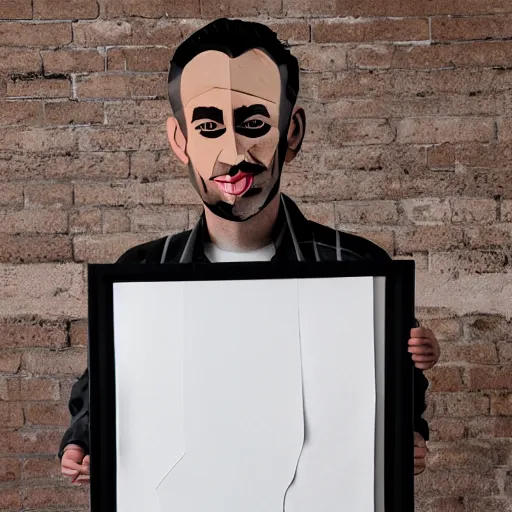 Image similar to a 2 d flat paper portrait of a man with wavey short hair, made from paper, friedly smile, raised eyebrows, ambient light, shadow art