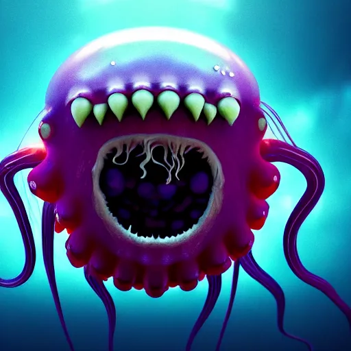 Prompt: a beautiful extreme wide photograph of an evil terrifying jellyfish monster with huge eyes and sharp teeth in a wide open mouth, highly detailed, smooth, very very clean, 8 k, cinematic movie photograph, cinematic lighting, octane render, zbrush central contest winner, 3 d maya render