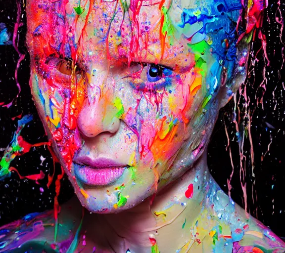 Image similar to still shot footage of a portrait of a female angel's head made of acrylic pour and coloured powder explosion and splashing paint and dripping paint and flying paint chunks, closing eyes, motion blur, hyperrealistic, medical, intricate art photography, hyperrealistic, anatomically correct, realistic crisp textures, 1 6 k