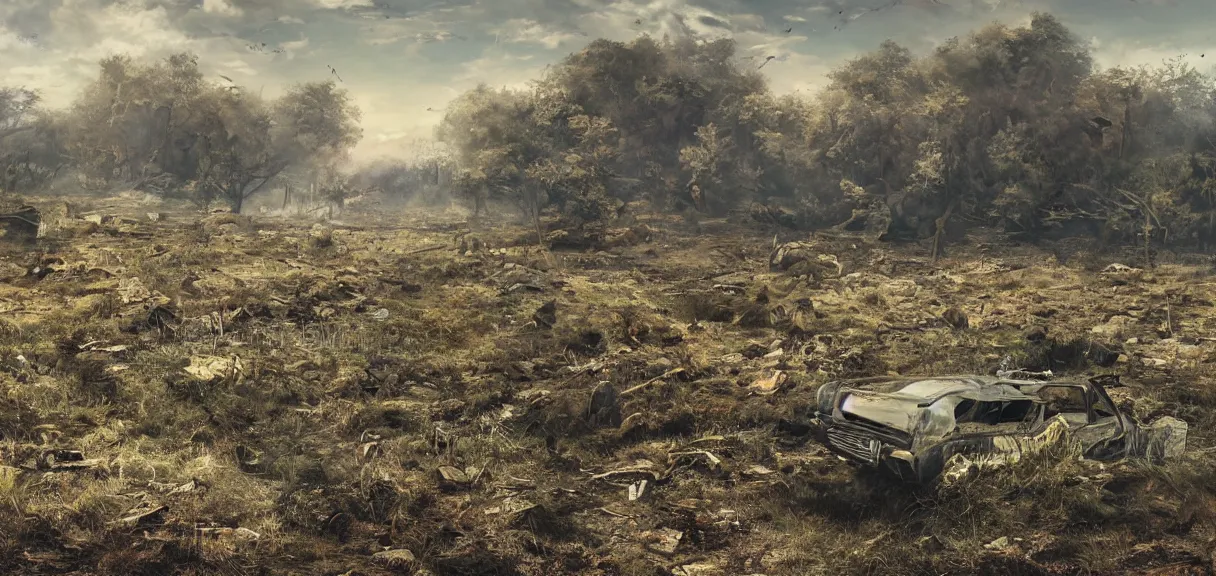 Prompt: isolated landscape roamed by the remains of what once were giant mobile phones, 4k, detailed illustration