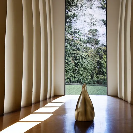 Prompt: giant Italian modern castle living room, clean minimalist design, that is 1300 feet tall, a sculpture installation of a series of 8 feet tall modern mirror finish, smooth, organic shaped sculptures by Tony Cragg, photo by Annie Leibovitz