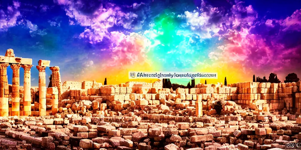 Image similar to spiritual chakra energies in the huge ruins of the second temple in jerusalem, dreamy sky, the third temple hovers quietly hiding in the sky above, very colorful painting 8 k trending on art station, intricate superb details, digital art, cinematic lighting, volumetric lighting, photographic, blur bokeh defocus dof sky by afremov, award winning masterpiece.