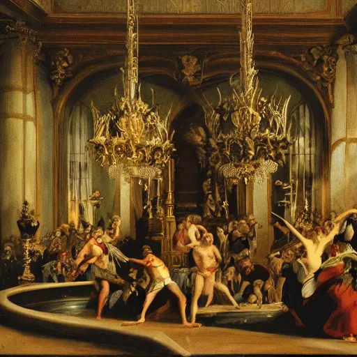 Prompt: vampires fighting in a party in the interior of gothic dark castle, red pool fountain, louis xv furniture, torch lighting