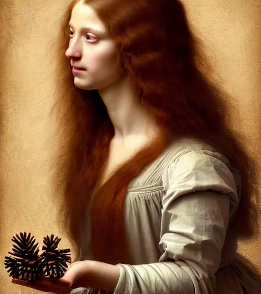 Prompt: portrait of a long - haired woman with a small pinecone sitting upon a table with heightened detail, poised, intense emotion, detailed facial expression, detailed surroundings, intricate, elegant, highly detailed, centered, digital painting, artstation, concept art, smooth, sharp focus, illustration, by ( leonardo da vinci ), wlop