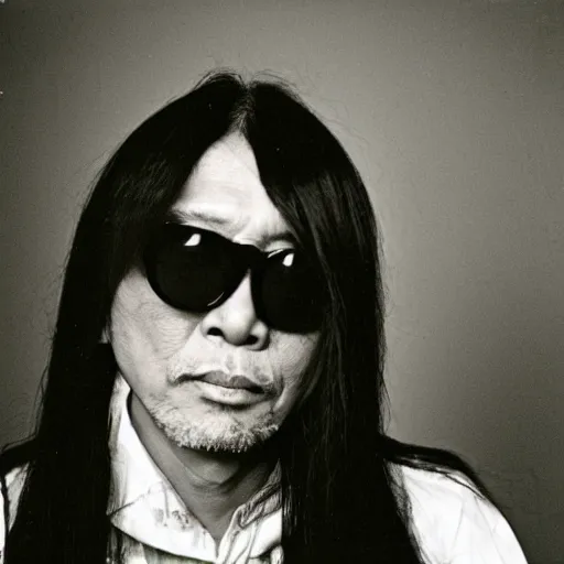 Image similar to keiji haino wearing shades, 3 5 mm film, portrait, by annie liebovitz