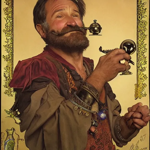 Prompt: an ultradetailed portrait of robin williams dressed as an alchemist, brewing potions in a workshop, d & d, fantasy, intricate, elegant, highly detailed, digital painting, matte, sharp focus, illustration, art by john collier and albert aublet and krenz cushart and artem demura and alphonse mucha