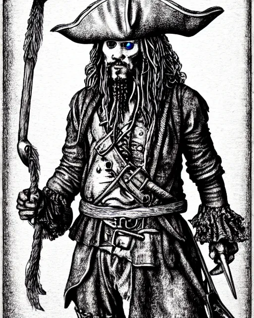 Prompt: pirate, full body shot, hyper realism, fine details, deviantart artstation, extremely detailed, black and white, very sharp, in the style of albrecht durer, etching,