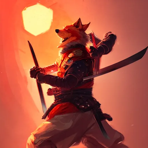 Image similar to commission portrait of a orange wolf dressed as a samurai holding a katana,dramatic,character design by charles bowater,greg rutkowski,ross tran,hyperdetailed,hyperrealistic,4k,deviantart,artstation,professional photography,concept art