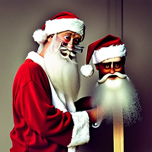 Prompt: uhd candid photo of santa claus and bin laden making an ied. correct faces, intricate details, hyperdetailed, accurate faces. photo by annie leibowitz