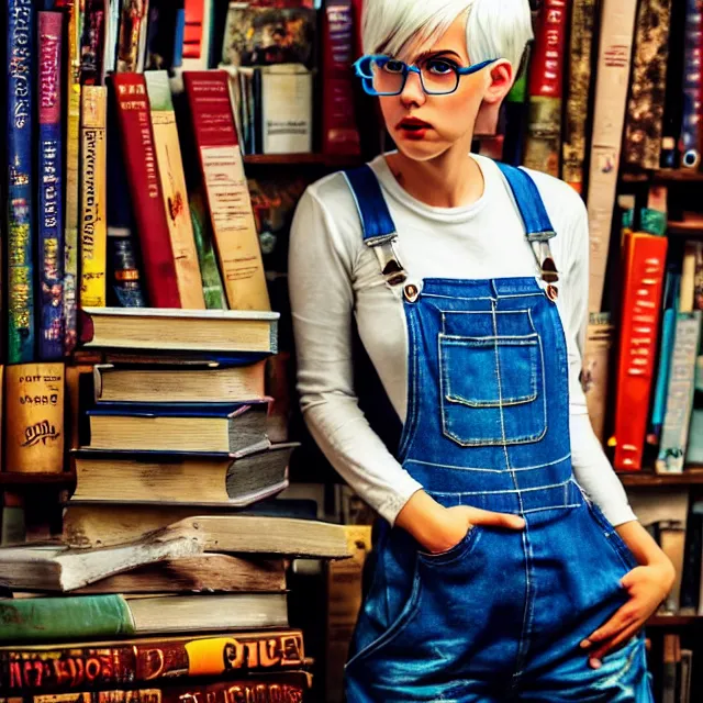 Image similar to full body pose, beautiful adult book fairy, pixar, short white hair shaved sides, dirty, grungy, grunge, long sleeve, painted overalls, stacks of giant books, highly detailed, 4 k, hdr, smooth, sharp focus, high resolution, award - winning photo, artgerm, photorealistic