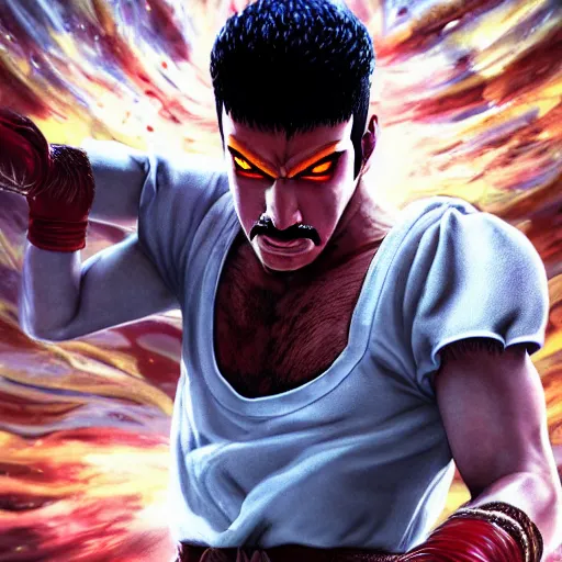 Image similar to freddy mercury as ryu street fighter, ultra realistic, concept art, intricate details, highly detailed, photorealistic, octane render, 8 k, unreal engine, art by frank frazetta, simon bisley, brom