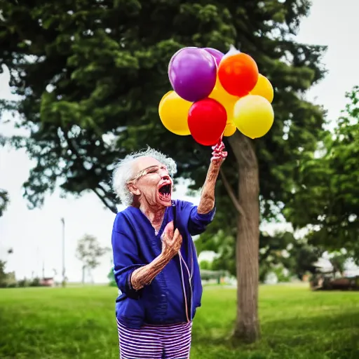 Image similar to elderly woman screaming at a balloon, canon eos r 3, f / 1. 4, iso 2 0 0, 1 / 1 6 0 s, 8 k, raw, unedited, symmetrical balance, wide angle