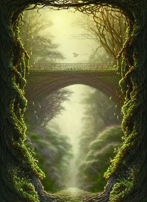 Image similar to book cover!!!!!!!!!!!!, old bridge, ivy vector elements at each border, fantasy forest landscape, fantasy magic, light night, intricate, elegant, sharp focus, illustration, highly detailed, digital painting, concept art, matte, art by wlop and artgerm and ivan shishkin and andrey shishkin, masterpiece