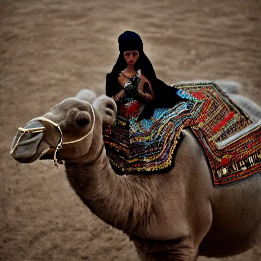 Image similar to anna forsterling and saul bromberger, yulia nevskaya, pulitzer, photorealistic, bokeh, fine hyperrealistic details, intricacy, aesthetic / woman wear burqa ride camel and handling gun in shaaran