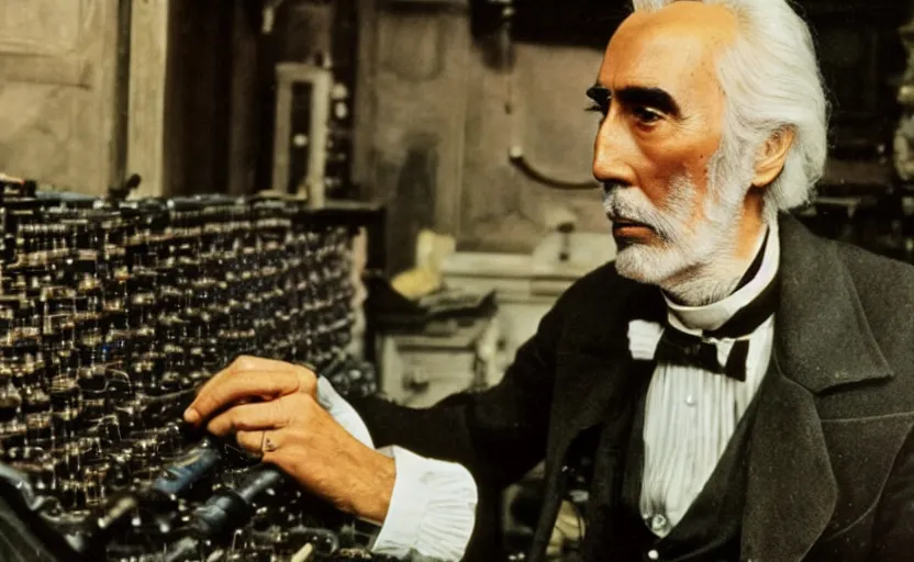 Image similar to movie still close-up portrait of Christopher Lee as 19th century inventor working on a 1880s supercomputer in a victorian house, by David Bailey, Cinestill 800t 50mm eastmancolor, heavy grainy picture, very detailed, high quality, 4k, HD criterion, precise texture and facial expression