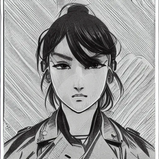 Prompt: manga style, black and white, thin line art, portrait of a girl, shoulder eyes, trench and sandbags in background, soldier clothing, military gear, short hair, hair down, symmetrical facial features, round face, paper sketch, detailed drawing, by darrow geof, alphonse mucha, greg rutkowski, satoru sao