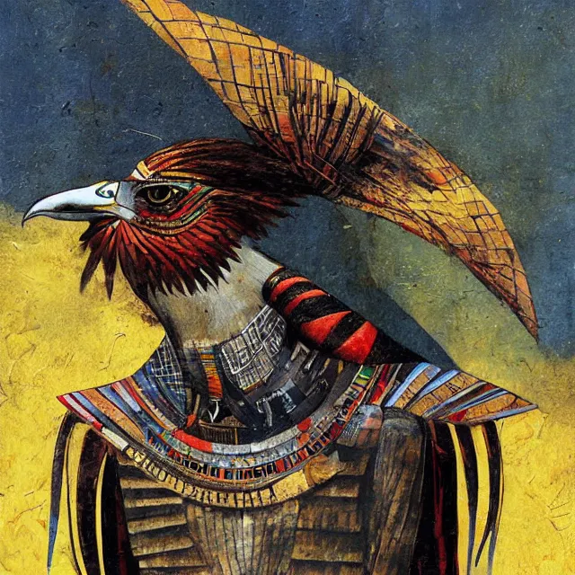 Prompt: expresionistic painting of Horus the falcon headed egyptian god, by Enki Bilal, by Dave McKean