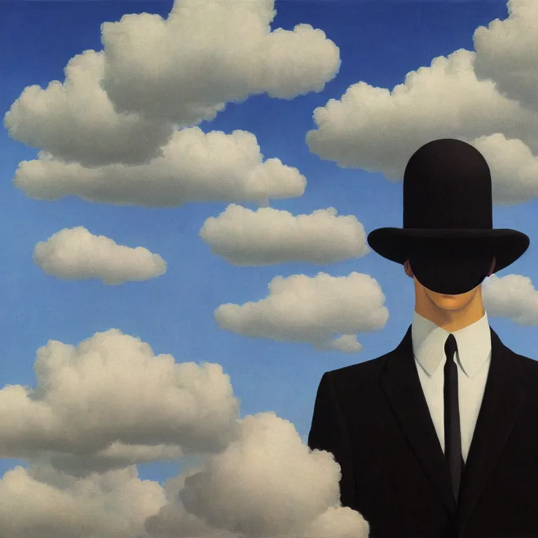 Image similar to portrait of a faceless shadow - head man in a suit, clouds in the background, by rene magritte, detailed painting, distance, middle centered, hd, hq, high resolution, high detail, 4 k, 8 k