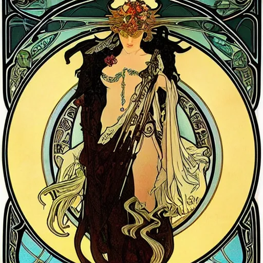 Prompt: goddess of death, Alphonse Mucha, Art Nouveau style, intricate, dark, sombre