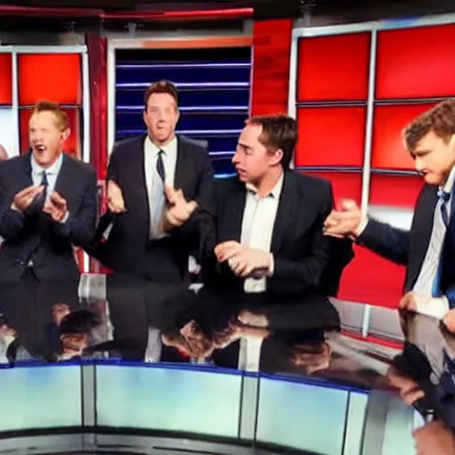 Image similar to a high quality photograph fox news broadcast screesshot of max blumenthal, jimmy dore, aaron mate, tucker carlson, matt taibbi, glenn greenwald having a tickle fight on tucker carlson tonight