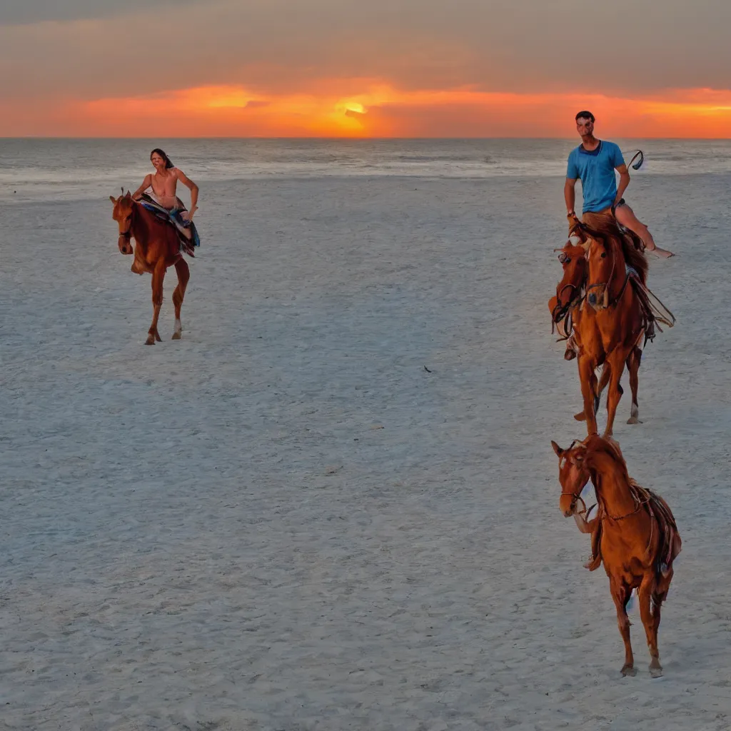 Image similar to Emin Gün Sirer riding a red horse in a white beach, sun sets, dramatic lighting, heroic exposure