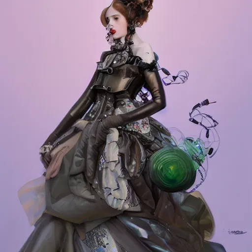 Prompt: A masterpiece portrait of a Incredibly beautiful futuristic high fashion queer model girl with a large luxurious Victorian necklace made of electronical trash. Rococo dress from steel. trending on artstation, digital art, by Stanley Artgerm Lau, WLOP, Rossdraws, James Jean, Andrei Riabovitchev, Marc Simonetti, Yoshitaka Amano