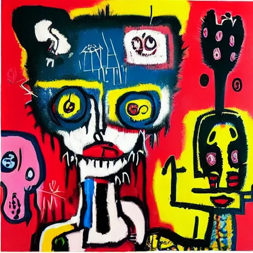 Prompt: “berries, diamonds, pigs, weeds, bagels, emo catgirl, Acrylic and spray paint and oilstick on canvas by Jean-Michel Basquiat”