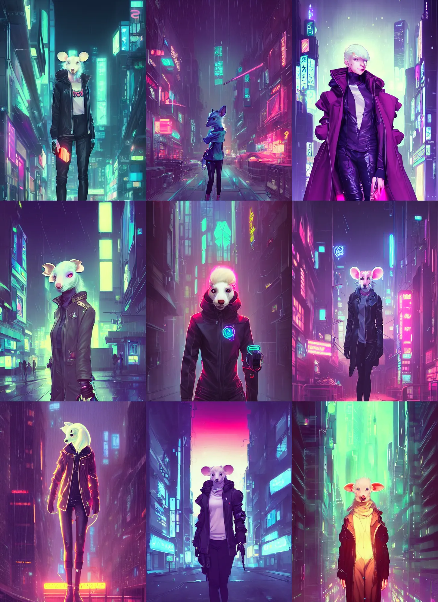 Prompt: beautiful portrait of a female anthropomorphic albino mouse fursona wearing cyberpunk clothes. cyberpunk city at night in the rain. neon light. atmospheric. character design by charlie bowater, ross tran, artgerm, and makoto shinkai, detailed, inked, western comic book art