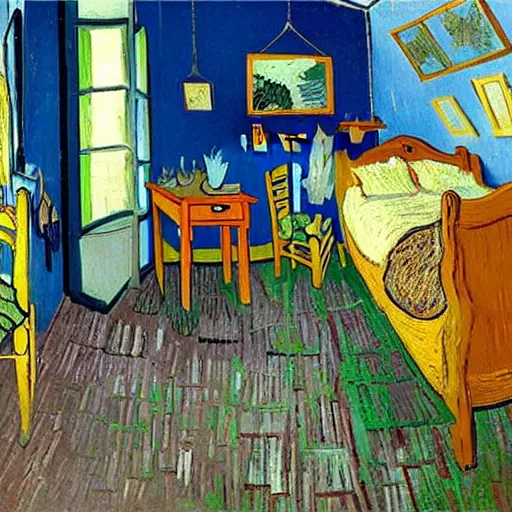 Prompt: a cozy bedroom decorated by van gogh, detailed, high resolution, wow!, intricate