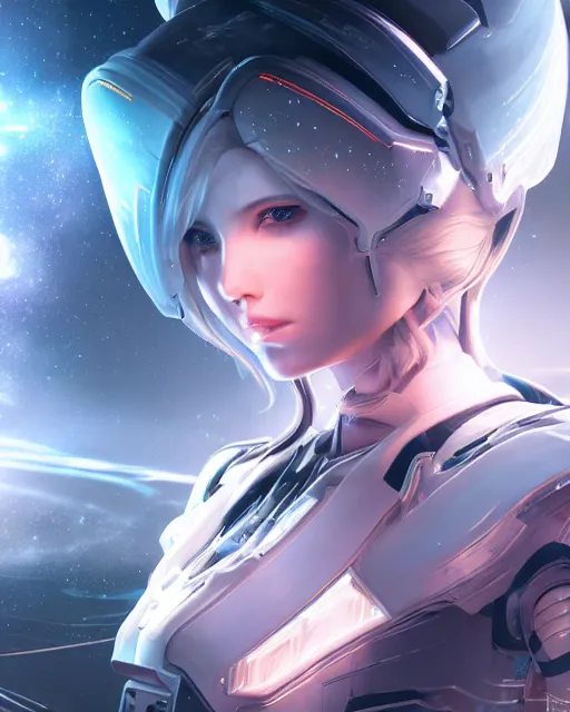 Image similar to photo of a android girl on a mothership, warframe armor, beautiful face, scifi, nebula, masterpiece, galaxy raytracing, dreamy, focused, sparks of light, attractive, long white hair, blue cyborg eyes, unique, 8 k high definition, insanely detailed, intricate, innocent, art by akihiko yoshida, antilous chao, woo kim