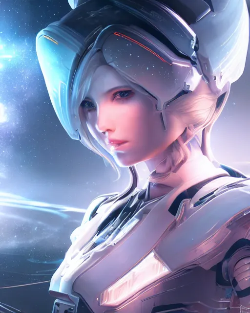 Prompt: photo of a android girl on a mothership, warframe armor, beautiful face, scifi, nebula, masterpiece, galaxy raytracing, dreamy, focused, sparks of light, attractive, long white hair, blue cyborg eyes, unique, 8 k high definition, insanely detailed, intricate, innocent, art by akihiko yoshida, antilous chao, woo kim