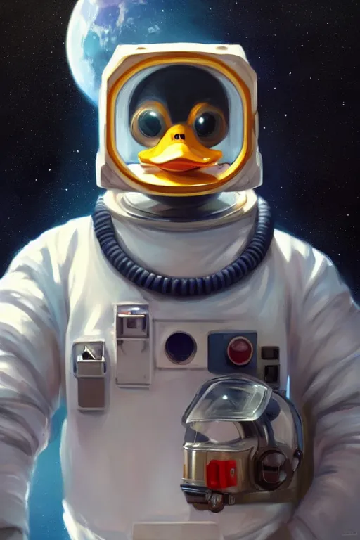 Prompt: Duck astronaut by Mandy Jurgens, digital painting, artstation, concept art, sharp focus, cinematic lighting, illustration, cgsociety