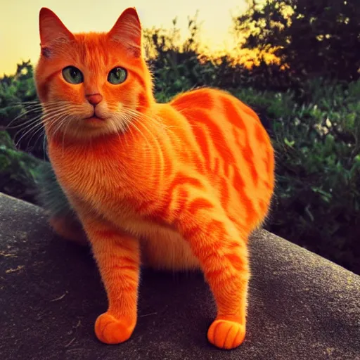 Image similar to beautiful orange cat, sunset behind it, sparkling eyes