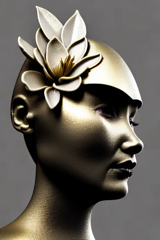 Image similar to bw contrasted close - up profile face, black background, beautiful young porcelain vegetal - dragon - cyborg - female, 1 5 0 mm, beautiful natural soft rim light, silver gold details, magnolia leaves and stems, roots, mandelbot fractal, elegant, ultra detailed, white metallic armour, octane render, h. r. giger style