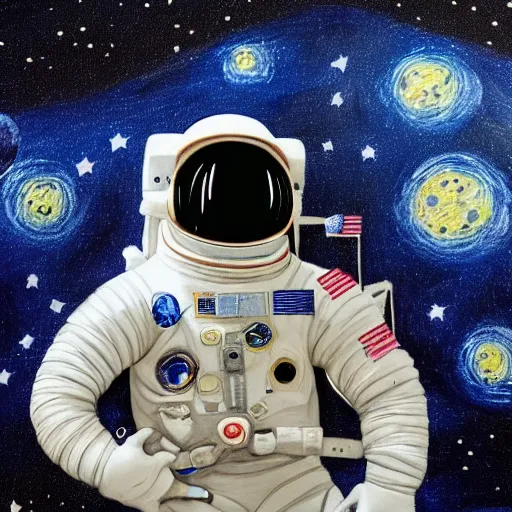 Prompt: realistic astronaut on the moon look up at a sky inspired by ( starry night )