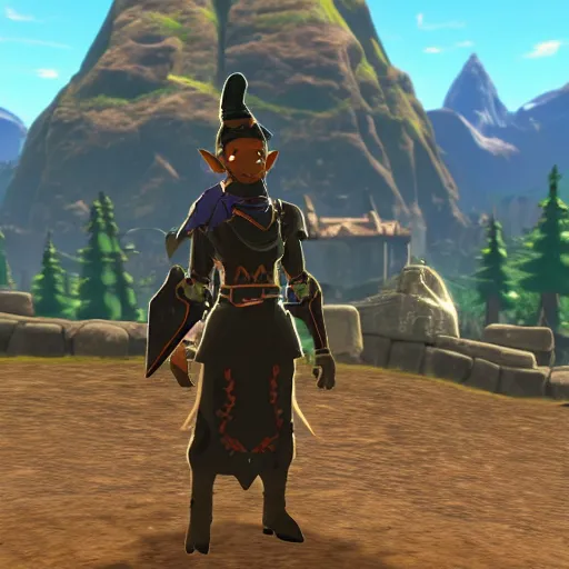 Image similar to a humanoid black goat wizard in breath of the wild, screenshot, sharp, uhd 4 k