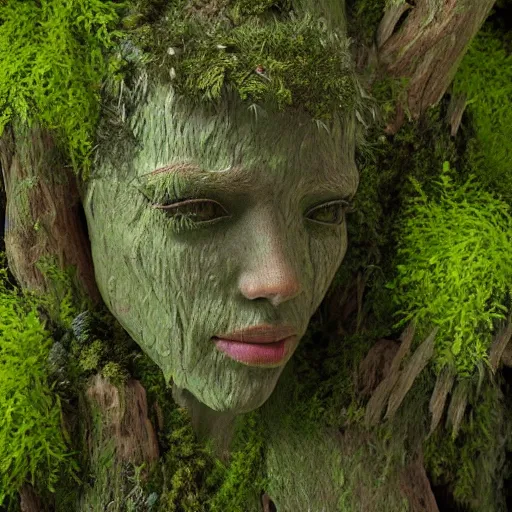 Image similar to a humanoid made of tree bark, moss, flowers, small foliage, realistic octane render, high detail