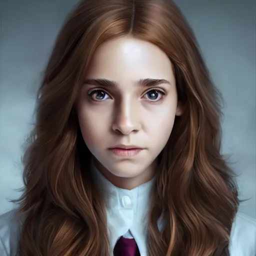 Image similar to hermione granger, professionally retouched, realistic, smooth face, perfect eyes, symmetrical, full body shot, wide angle, sharp focus, 8 k high definition, insanely detailed, intricate, elegant, art by artgerm