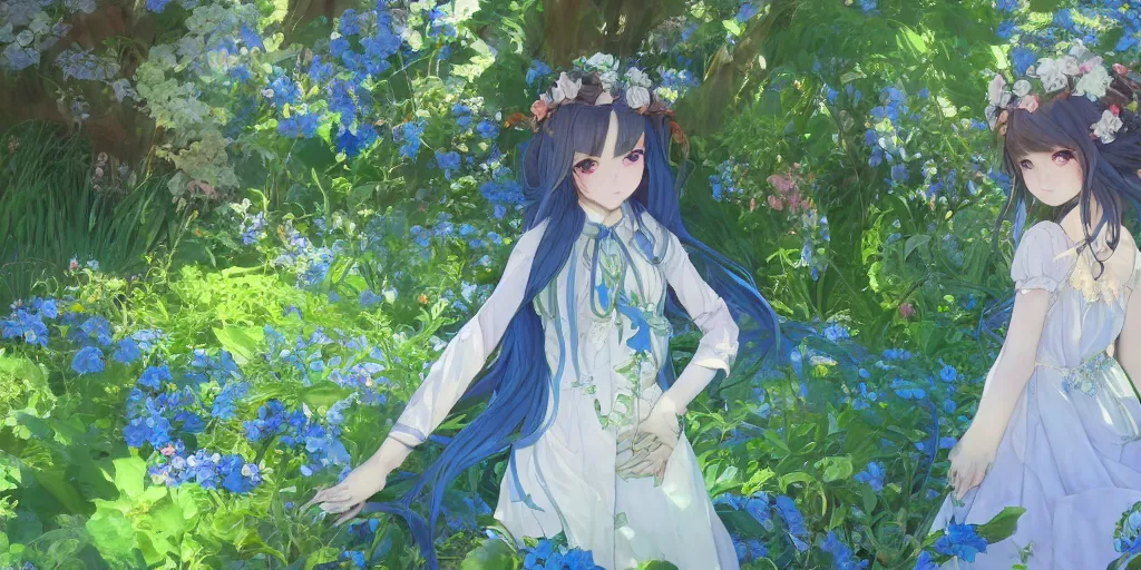 Image similar to a digital art of a loli with long hair in a dress in the privet garden at after noon, green and warm theme, blue flowers accents, back lighting, by krenz cushart and mucha and akihito yoshida and greg rutkowski and makoto shinkai, highly detailed, 4 k resolution, trending on art station