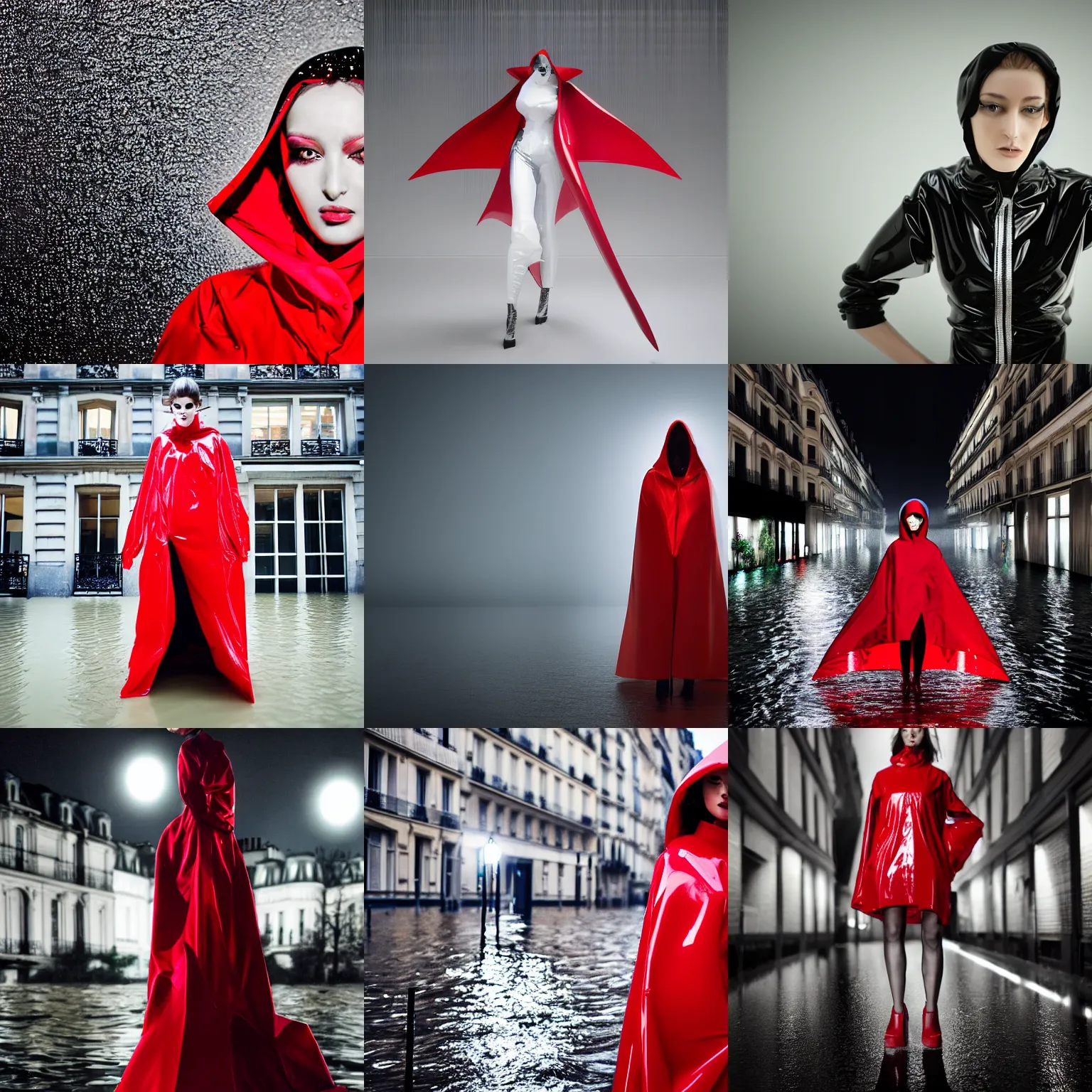 Prompt: Ultra realism, Paris fashion nighttime photoshoot of asymmetrical unusual model wearing a red wet plastic zaha hadid designed raincoat standing waist high in heavy floods by Nabbteeri, ultra realistic, mobile gimball camera, agfa film, 4K, wide shot, 35mm lens, extreme closeup focus on droplets, chiaroscuro by Nabbteeri,photorealistic, trending on instagram! (Paris street photography heavy rain background)