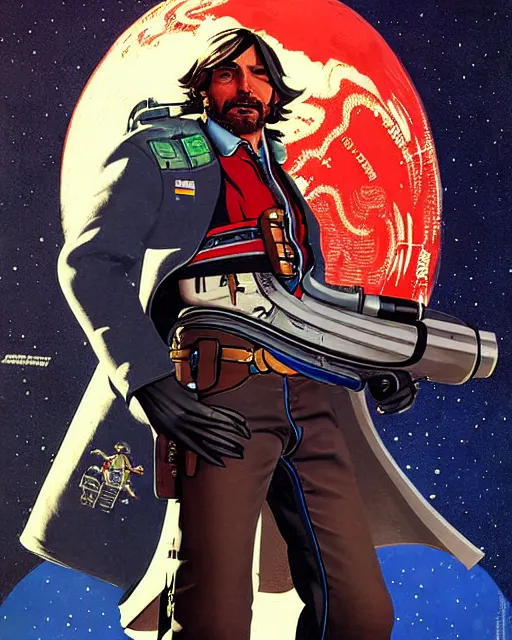 Prompt: mccree from overwatch, space suit, character portrait, portrait, close up, concept art, intricate details, highly detailed, vintage sci - fi poster, retro future, in the style of chris foss, rodger dean, moebius, michael whelan, and gustave dore