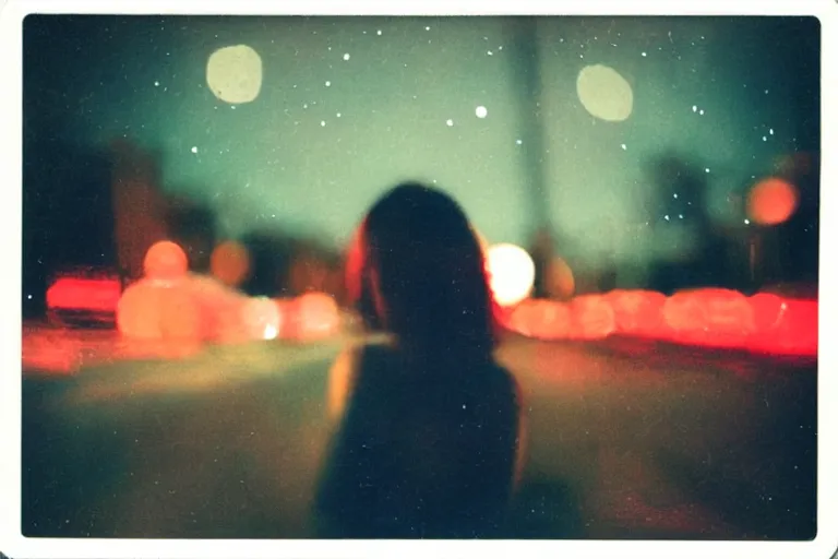 Image similar to blured girl on the red light, focused background night sky with stars, polaroid photo