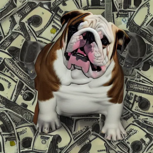 Image similar to english bulldog in pile of money, artstation