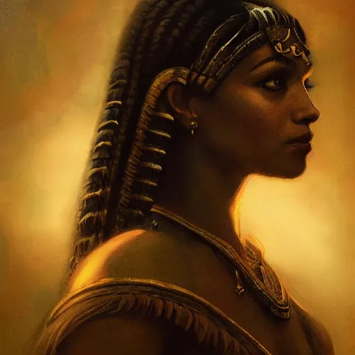 Image similar to Cleopatra portrait, atmospheric lighting, painted, intricate, volumetric lighting, beautiful, rich deep colors masterpiece, golden hour, sharp focus, ultra detailed, by Leesha Hannigan, Ross Tran, Thierry Doizon, Kai Carpenter,Ignacio Fernández Ríos